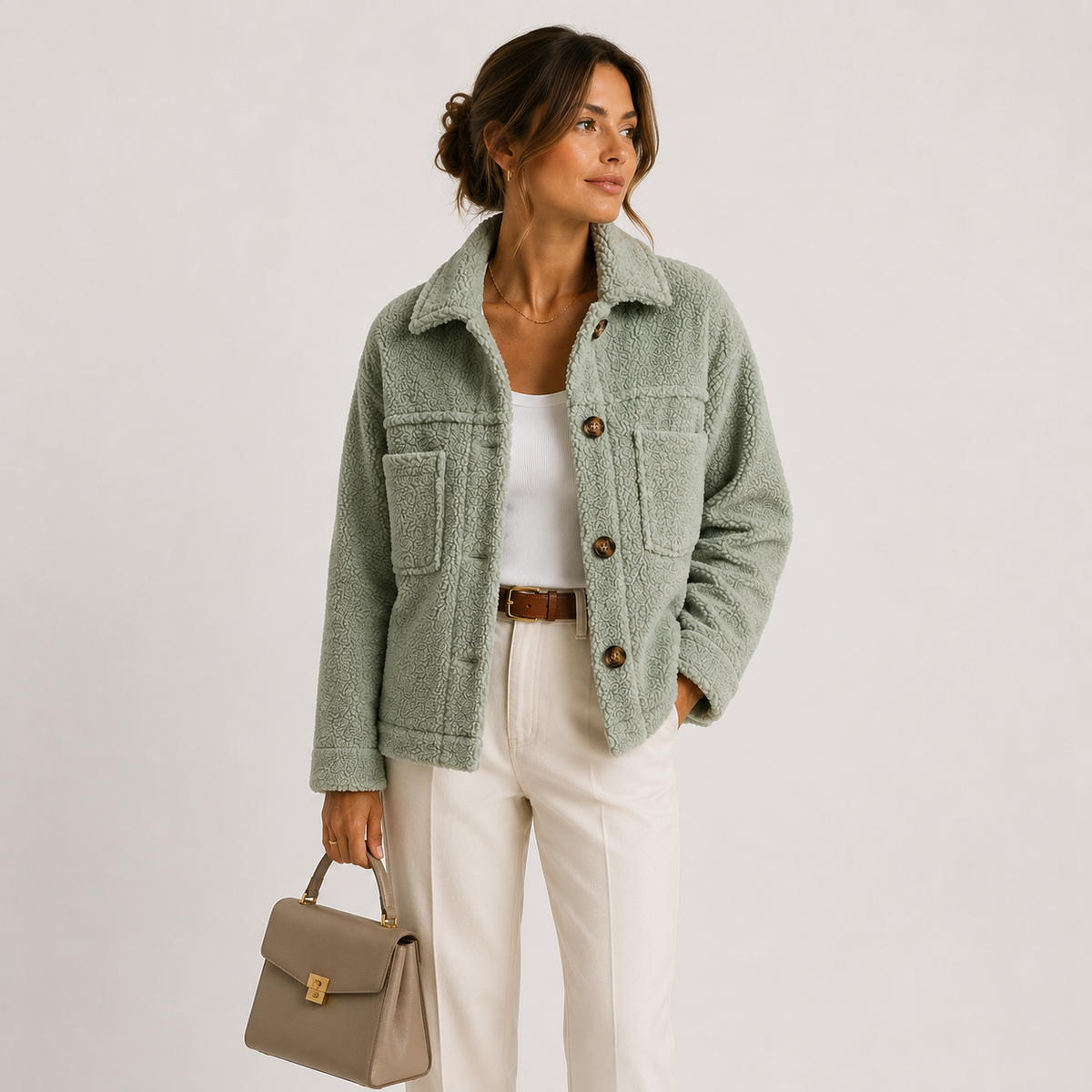 Giacca Camicia Donna Teddy Corta con Tasche