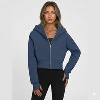 Felpa Donna Corto Casual Con Cappuccio Zip