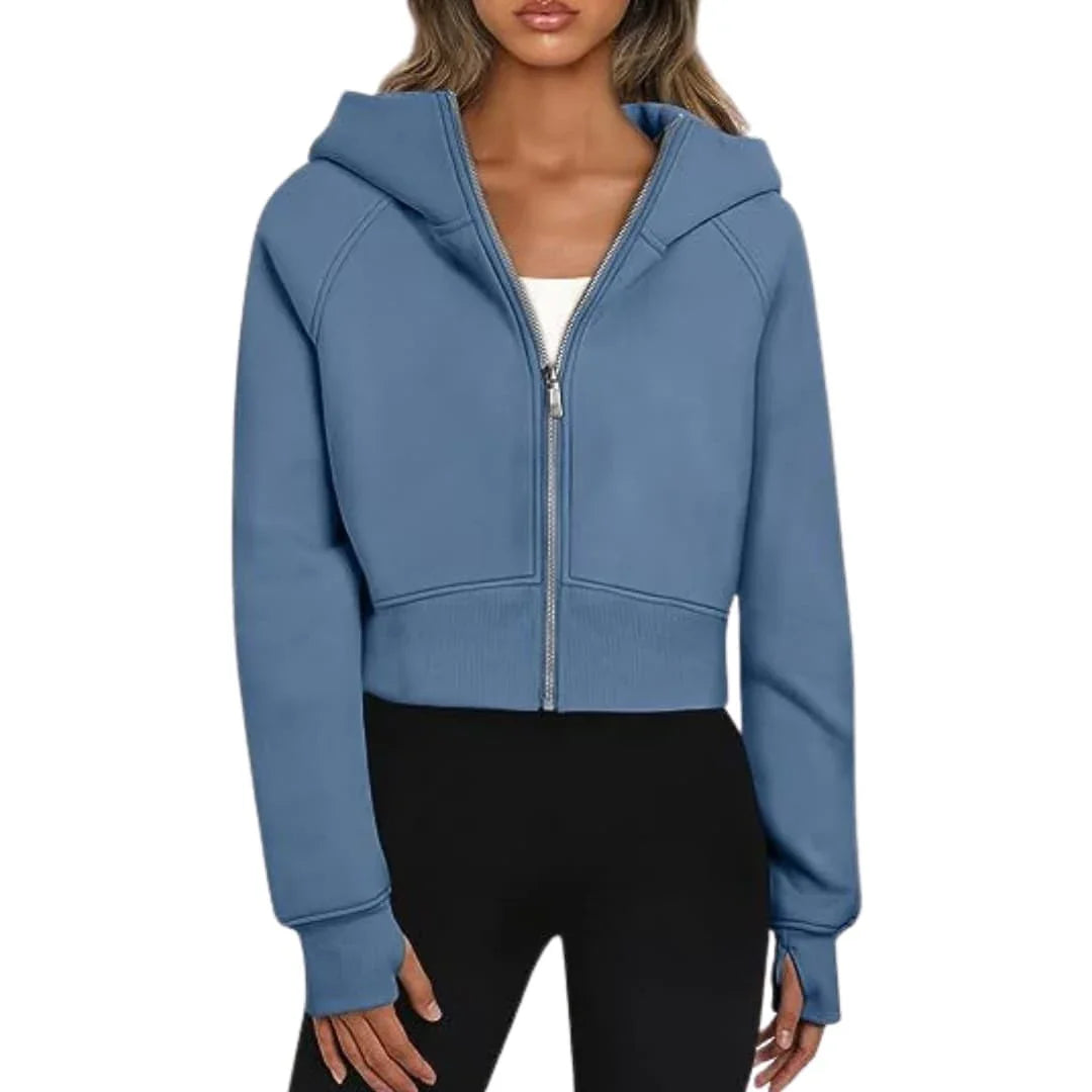Felpa Donna Corto Casual Con Cappuccio Zip