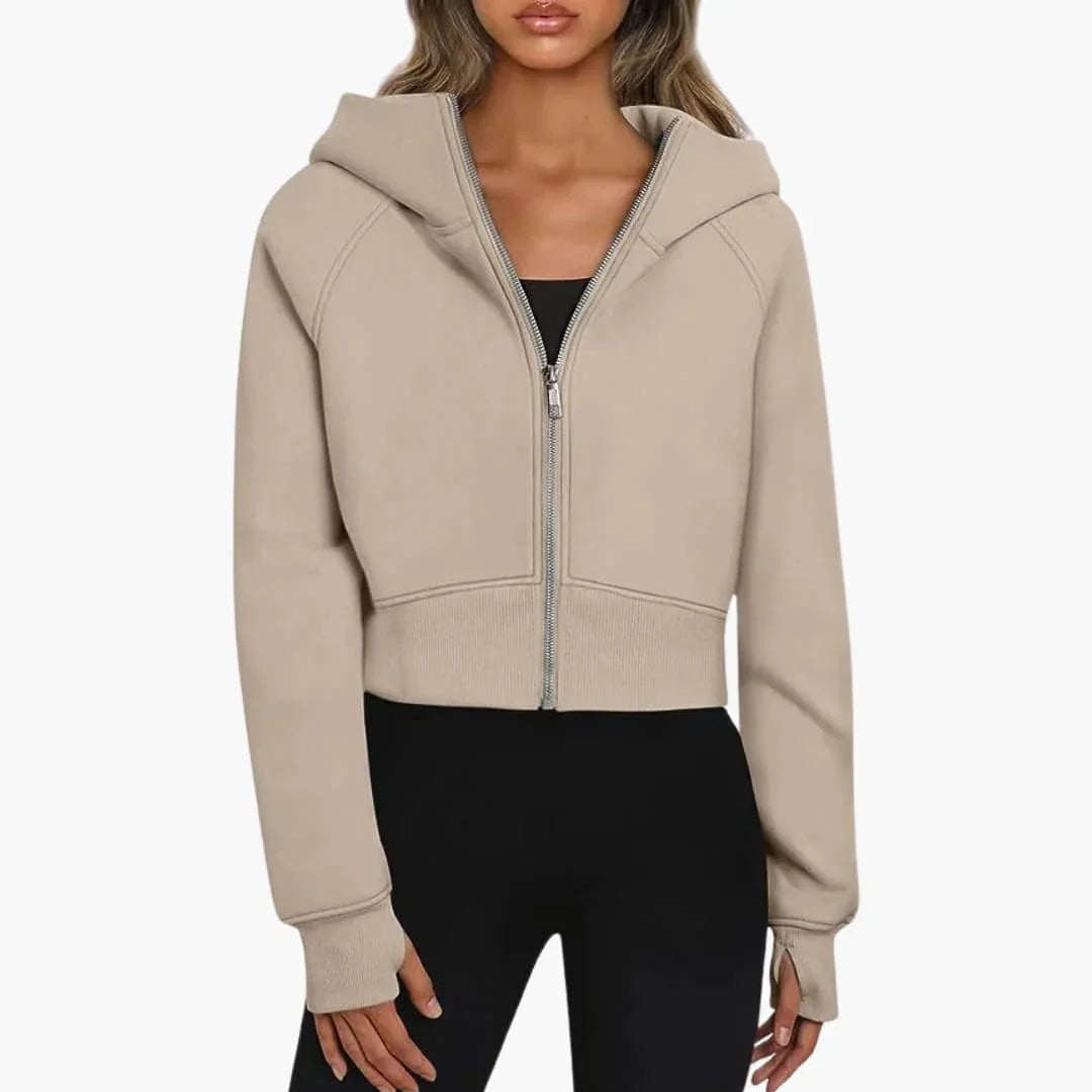 Felpa Donna Corto Casual Con Cappuccio Zip