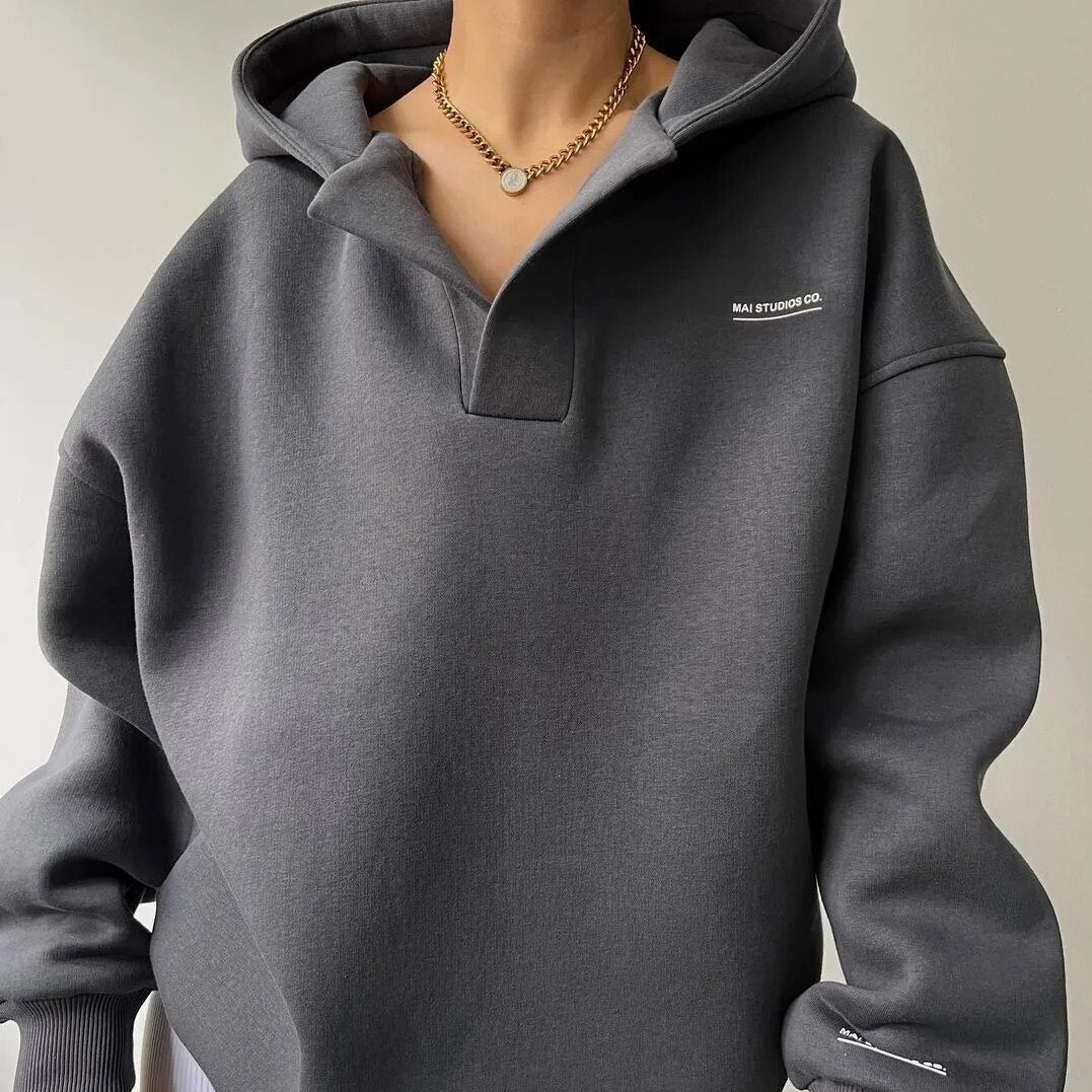 Felpa Donna Oversize Nera con Cappuccio Casual