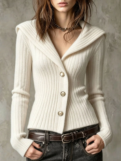 Cardigan Donna Costine Aderente Collo Ampio Bottoni Dorati