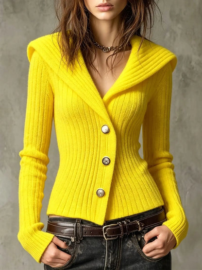Cardigan Donna Costine Aderente Collo Ampio Bottoni Dorati
