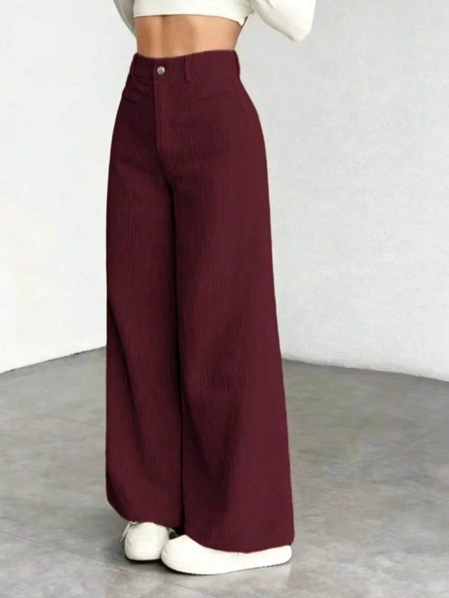 Pantaloni Velluto Donna Gamba Larga Tasche a Patta