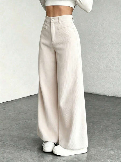 Pantaloni Velluto Donna Gamba Larga Tasche a Patta