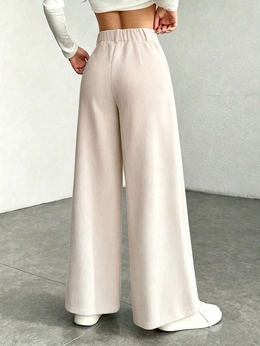 Pantaloni Velluto Donna Gamba Larga Tasche a Patta