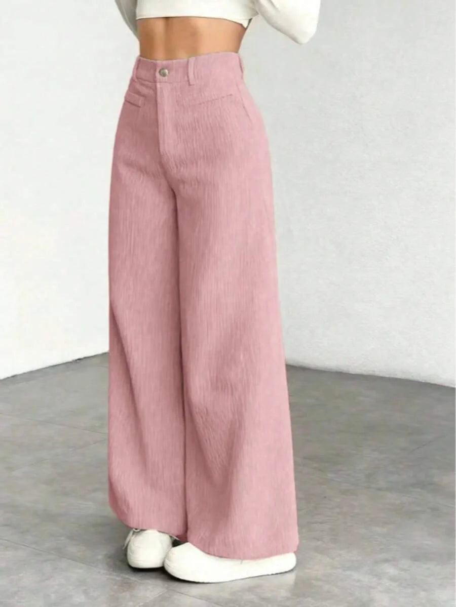 Pantaloni Velluto Donna Gamba Larga Tasche a Patta