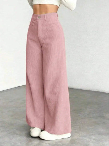 Pantaloni Velluto Donna Gamba Larga Tasche a Patta