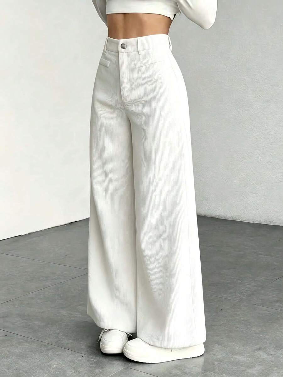 Pantaloni Velluto Donna Gamba Larga Tasche a Patta