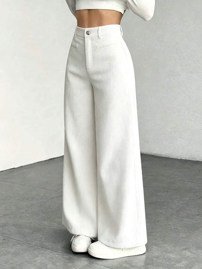 Pantaloni Velluto Donna Gamba Larga Tasche a Patta