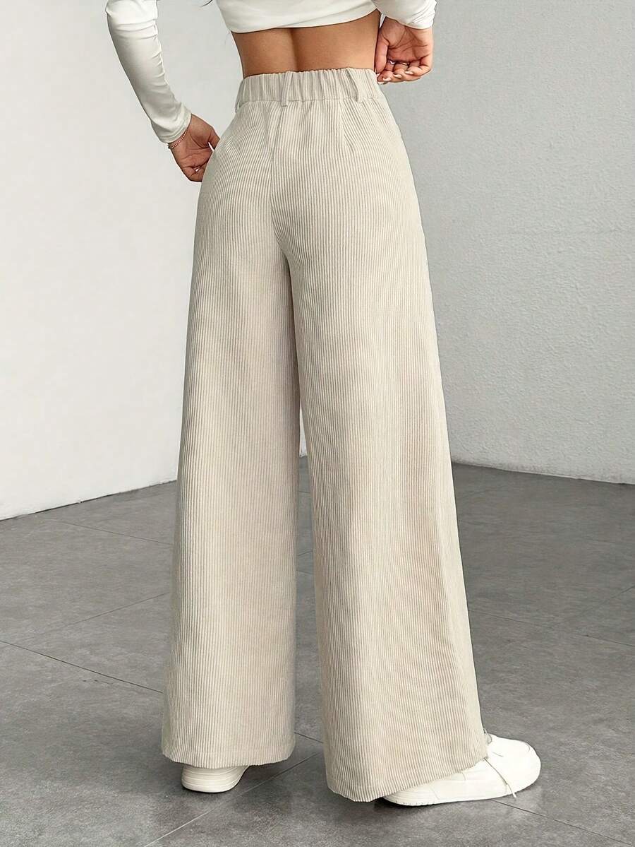 Pantaloni Velluto Donna Gamba Larga Tasche a Patta