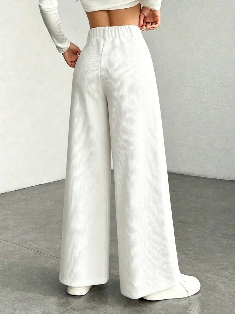 Pantaloni Velluto Donna Gamba Larga Tasche a Patta