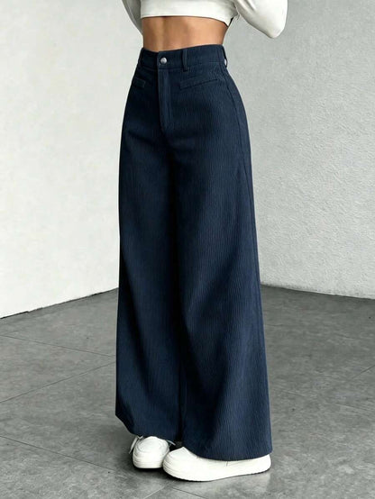 Pantaloni Velluto Donna Gamba Larga Tasche a Patta