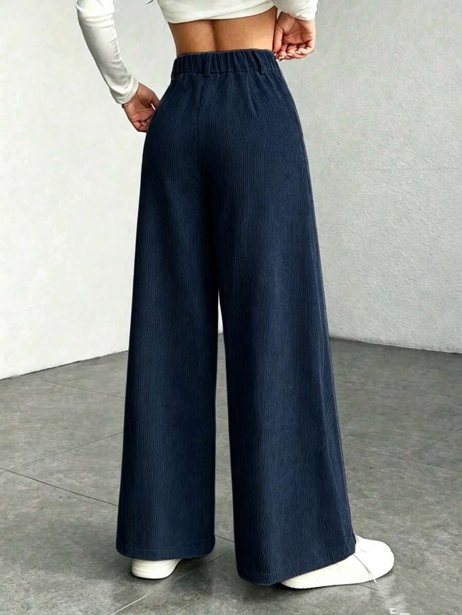 Pantaloni Velluto Donna Gamba Larga Tasche a Patta