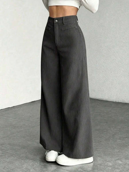 Pantaloni Velluto Donna Gamba Larga Tasche a Patta