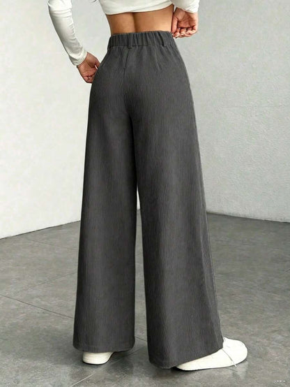 Pantaloni Velluto Donna Gamba Larga Tasche a Patta
