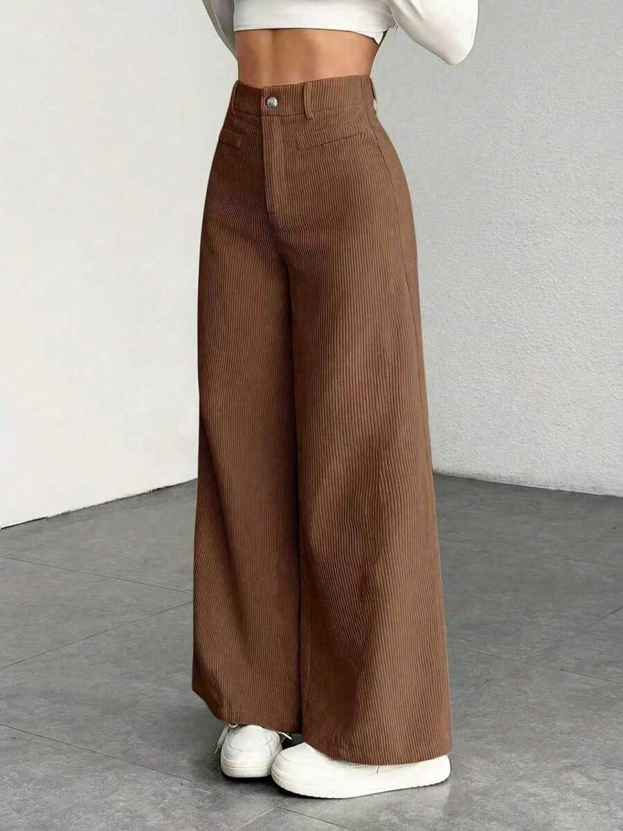 Pantaloni Velluto Donna Gamba Larga Tasche a Patta