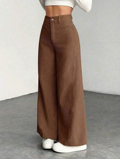 Pantaloni Velluto Donna Gamba Larga Tasche a Patta