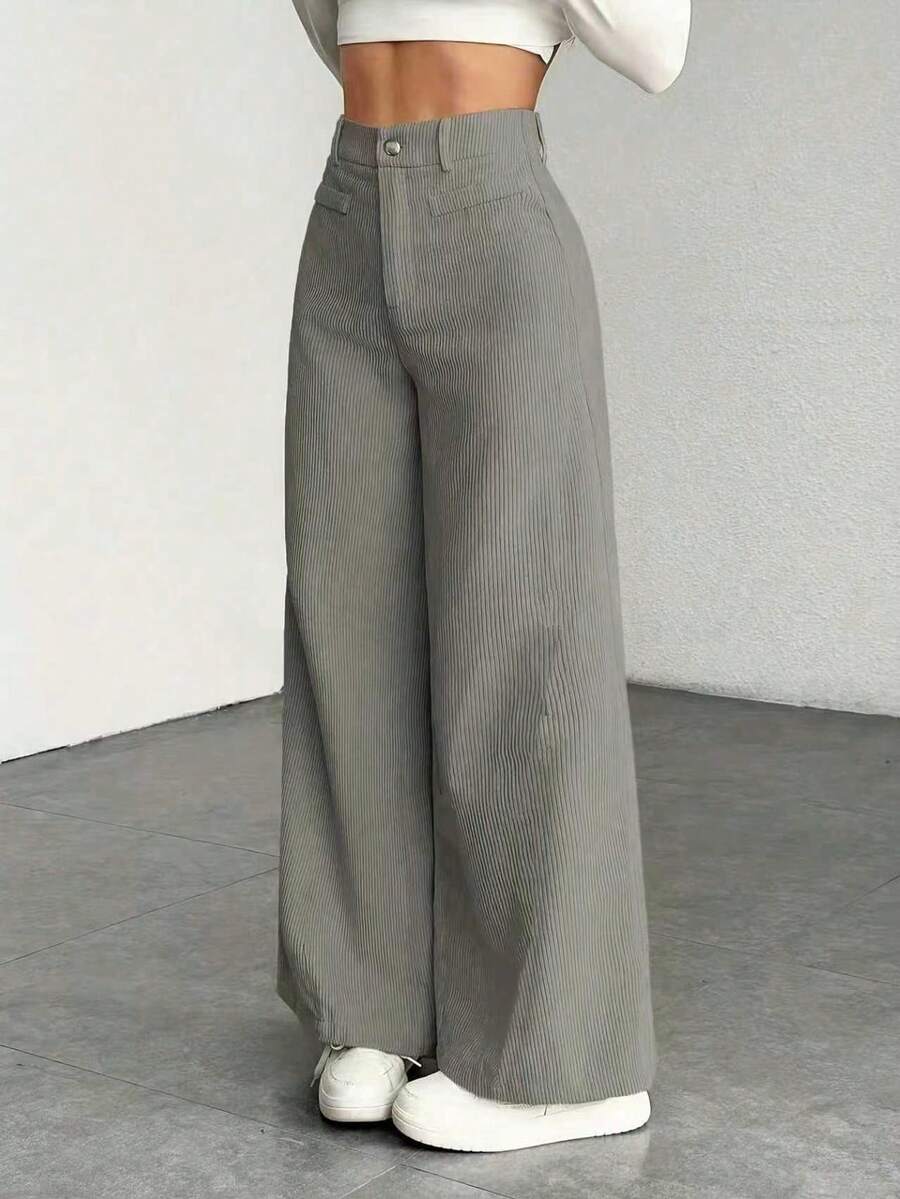 Pantaloni Velluto Donna Gamba Larga Tasche a Patta