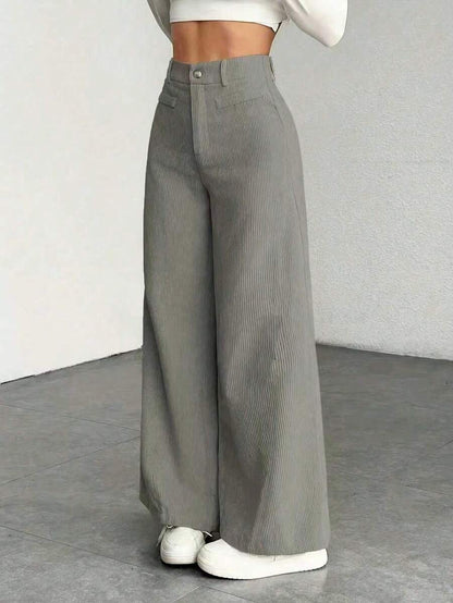 Pantaloni Velluto Donna Gamba Larga Tasche a Patta
