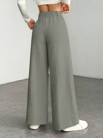 Pantaloni Velluto Donna Gamba Larga Tasche a Patta