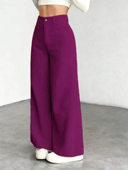 Pantaloni Velluto Donna Gamba Larga Tasche a Patta
