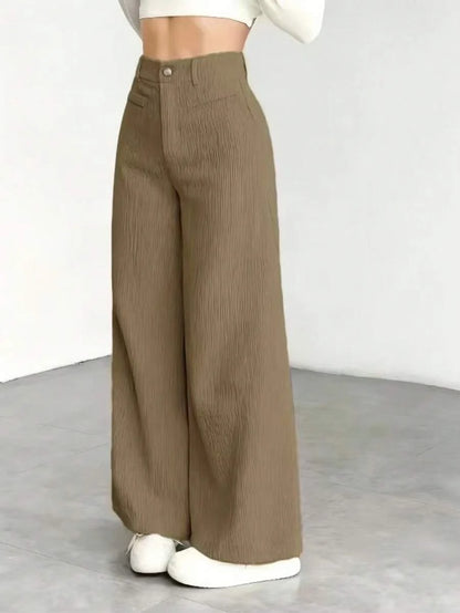 Pantaloni Velluto Donna Gamba Larga Tasche a Patta