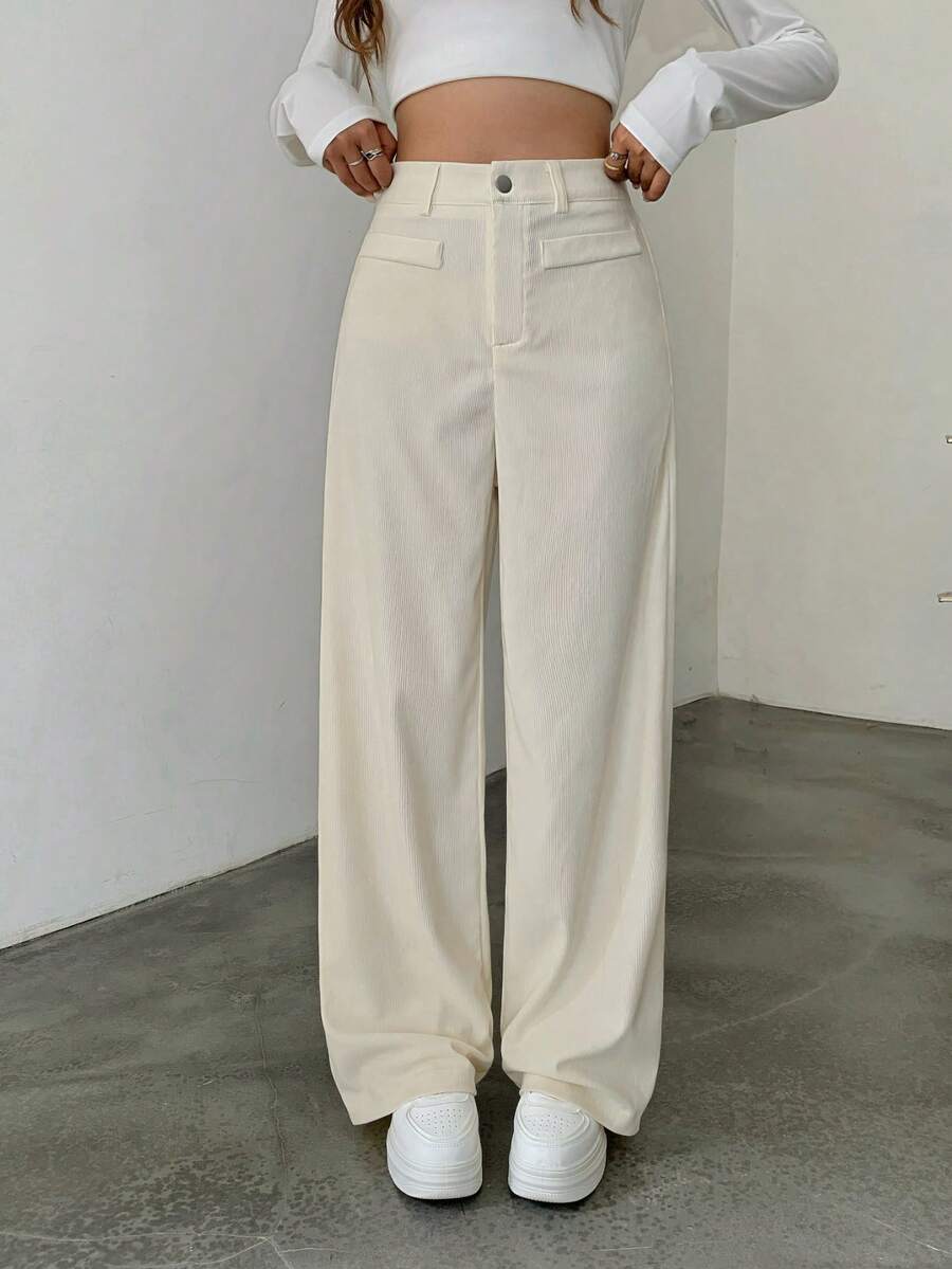 Pantaloni Velluto Donna Gamba Larga Tasche a Patta