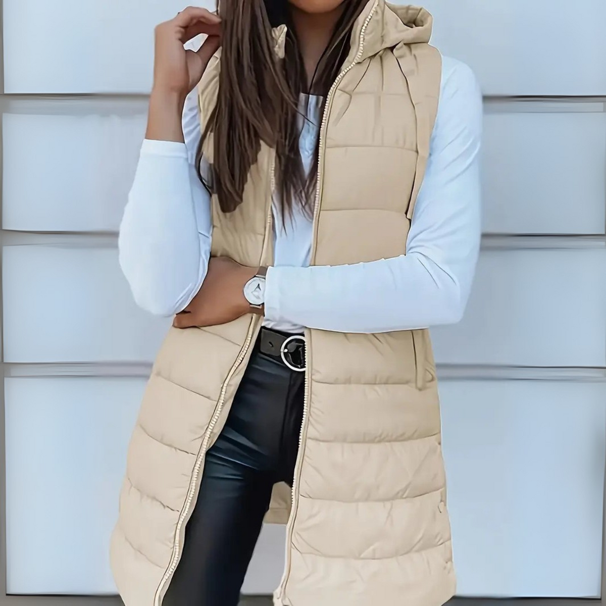 Gilet Imbottito Lungo Donna con Cappuccio