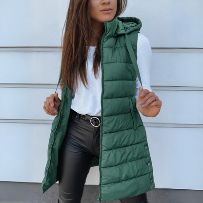 Gilet Imbottito Lungo Donna con Cappuccio