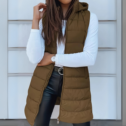 Gilet Imbottito Lungo Donna con Cappuccio