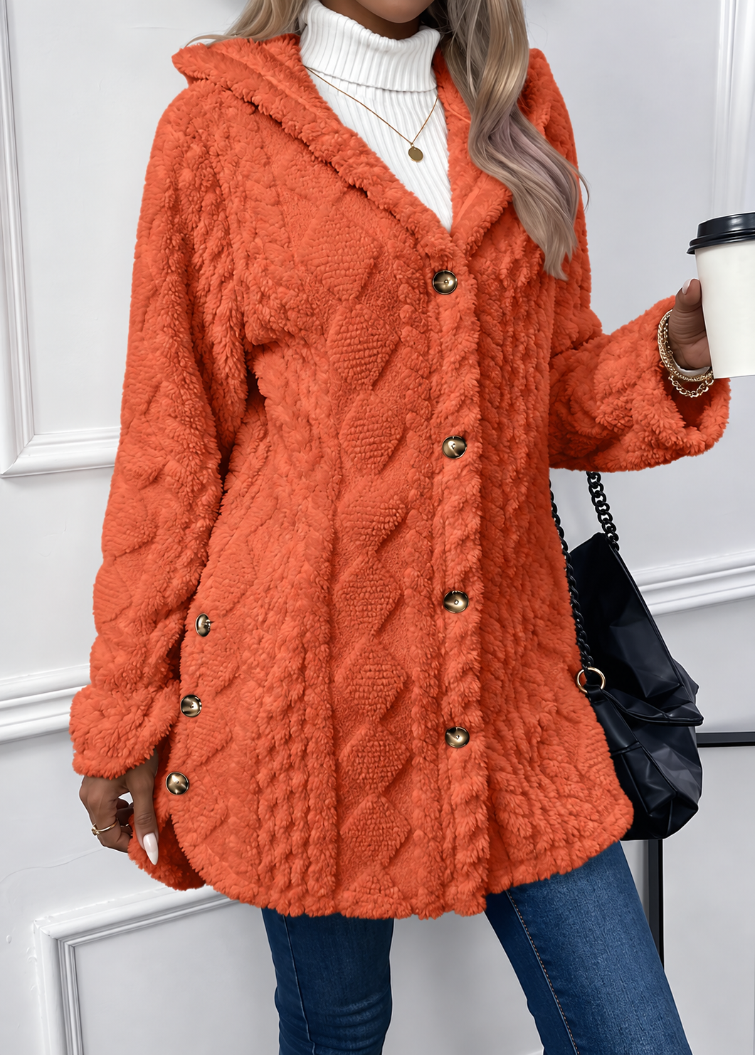 Giacca Teddy Donna con Cappuccio e Bottoni Dorati