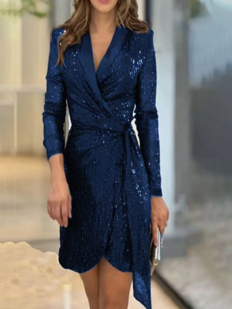 Abito Paillettes Donna Corto a Portafoglio Maniche Lunghe
