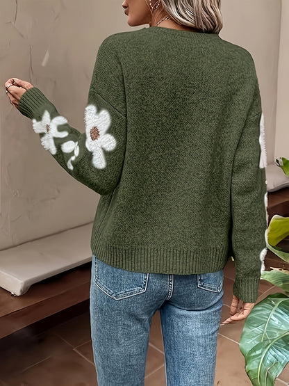 Maglione Donna Girocollo con Fiori sulle Maniche