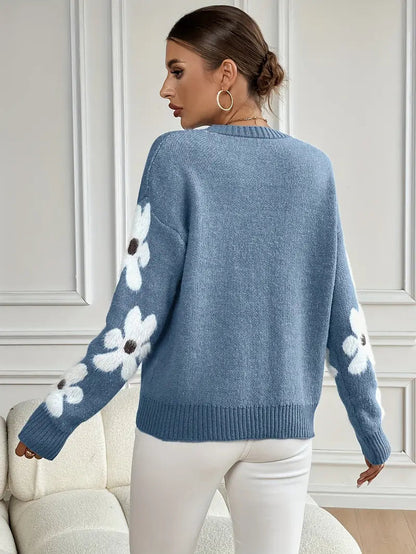 Maglione Donna Girocollo con Fiori sulle Maniche