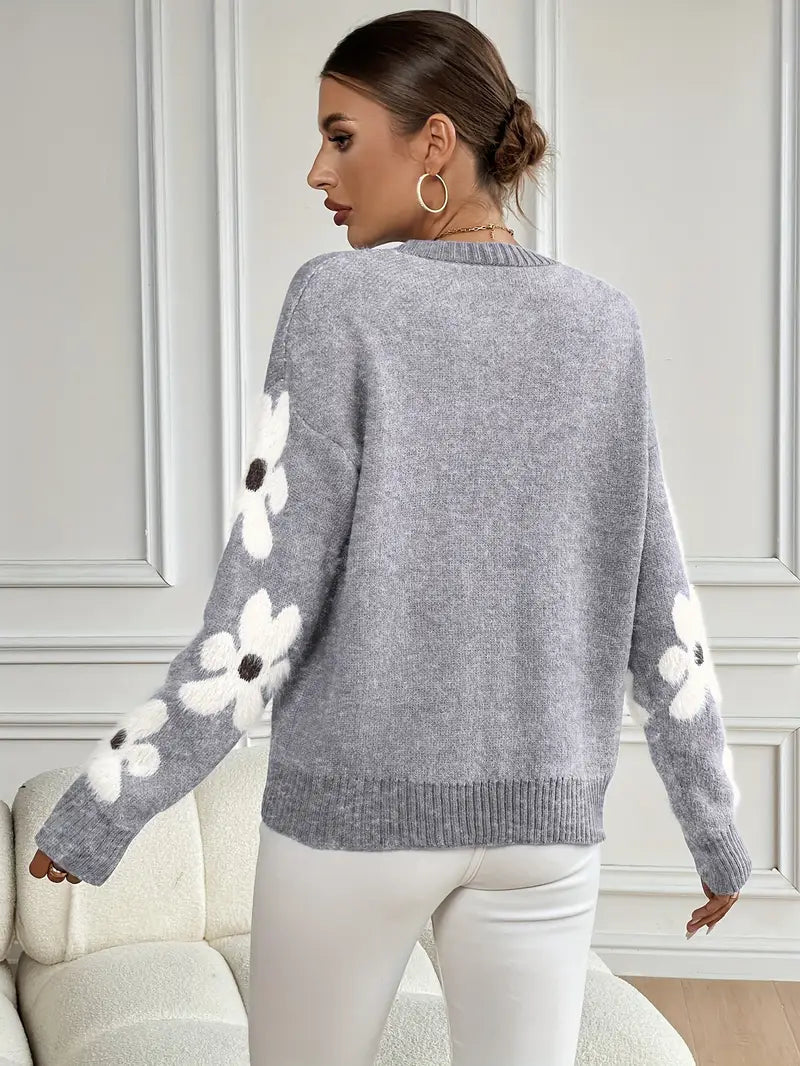 Maglione Donna Girocollo con Fiori sulle Maniche