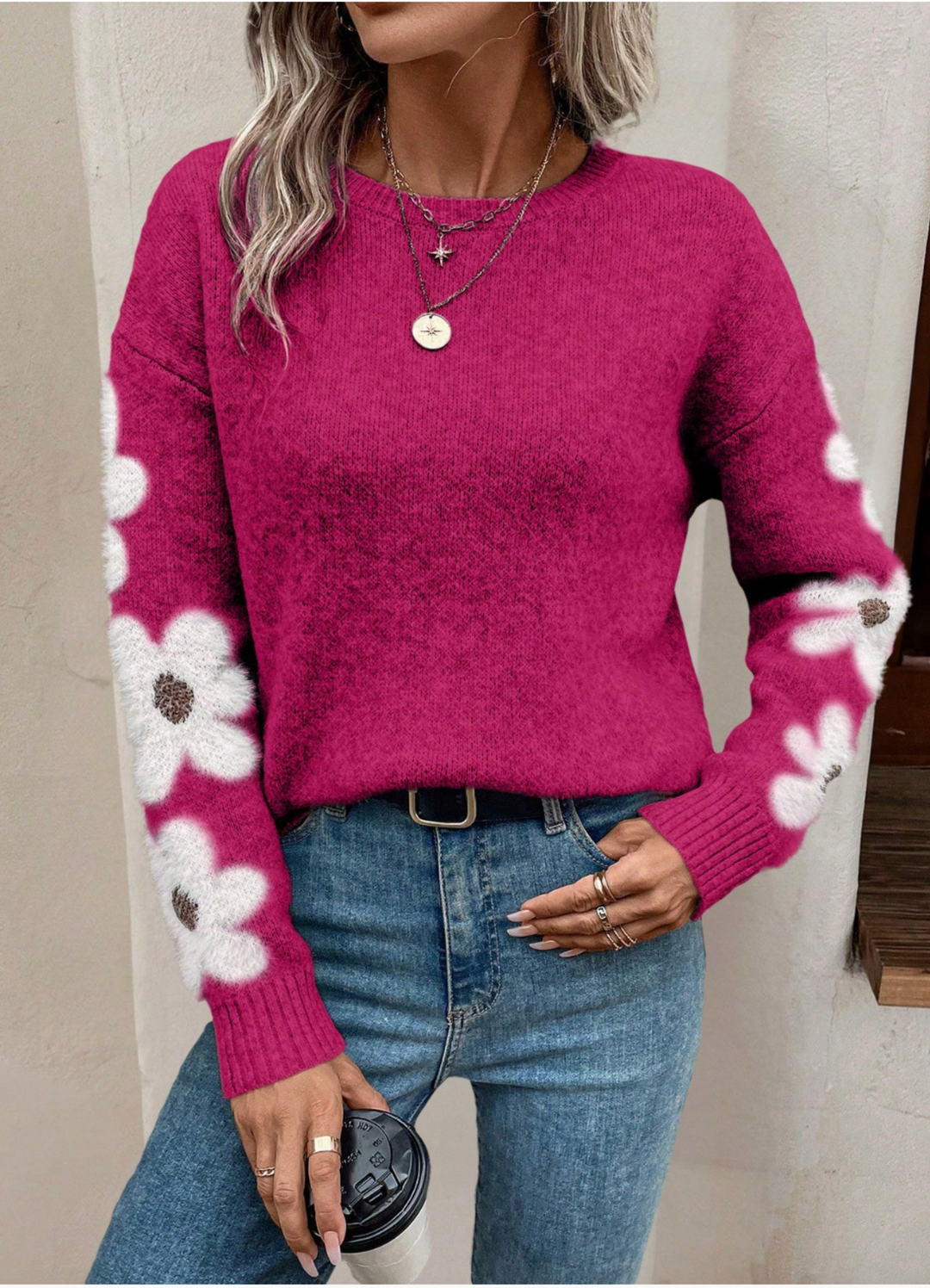 Maglione Donna Girocollo con Fiori sulle Maniche