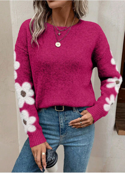 Maglione Donna Girocollo con Fiori sulle Maniche