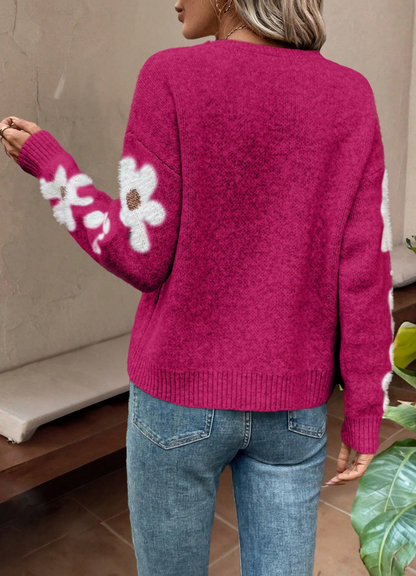 Maglione Donna Girocollo con Fiori sulle Maniche