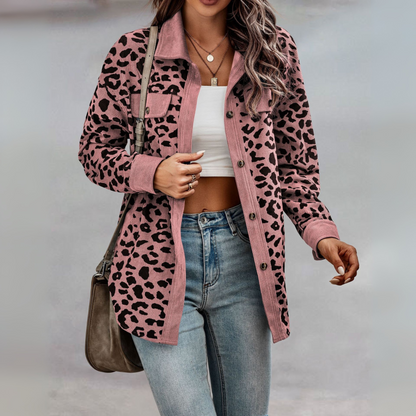 Giacca Camicia Donna Leopardata con Inserti a Coste