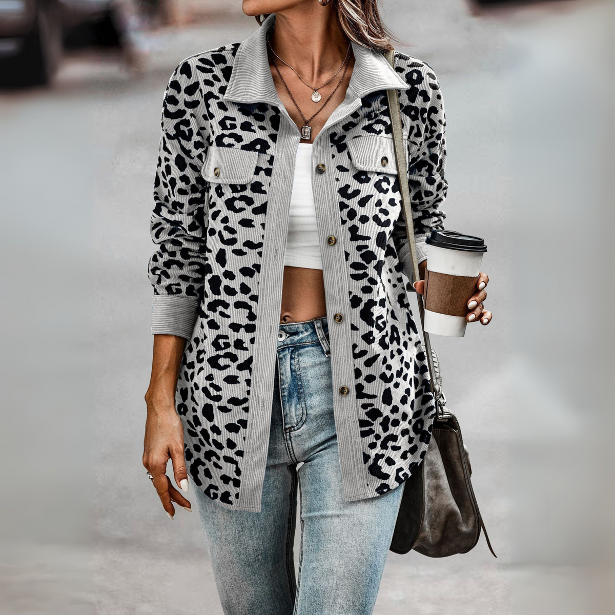 Giacca Camicia Donna Leopardata con Inserti a Coste