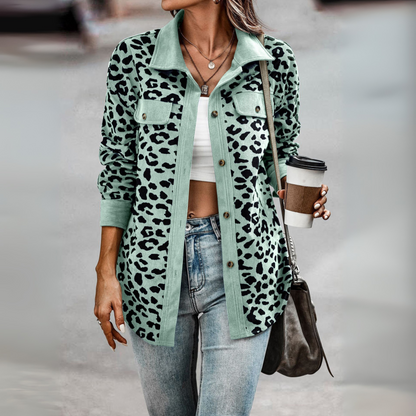Giacca Camicia Donna Leopardata con Inserti a Coste