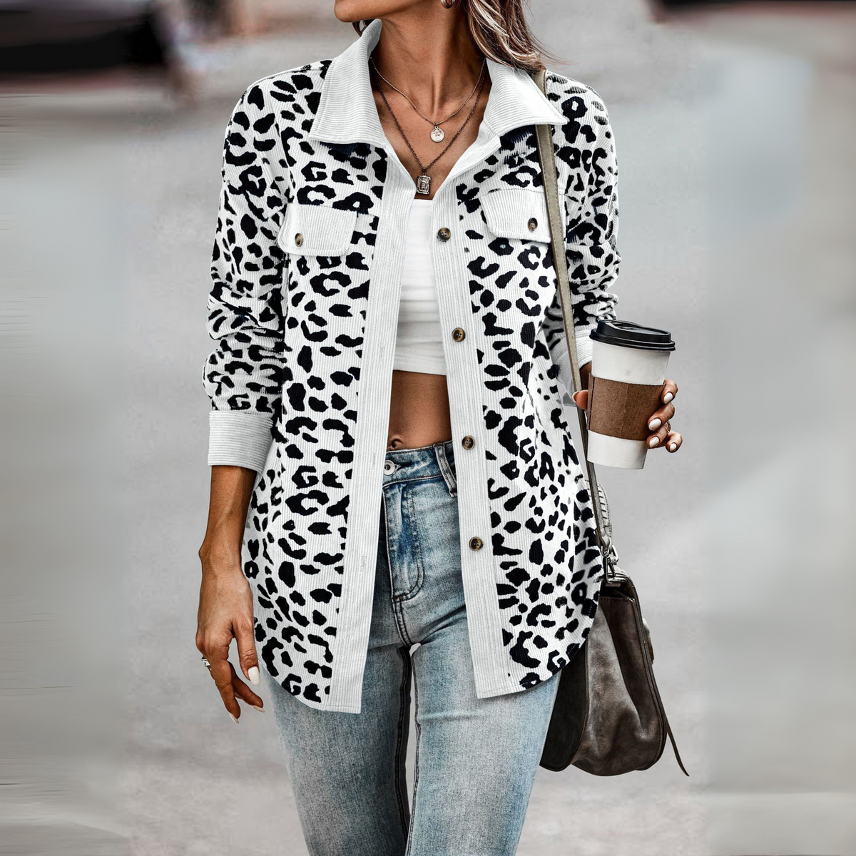 Giacca Camicia Donna Leopardata con Inserti a Coste