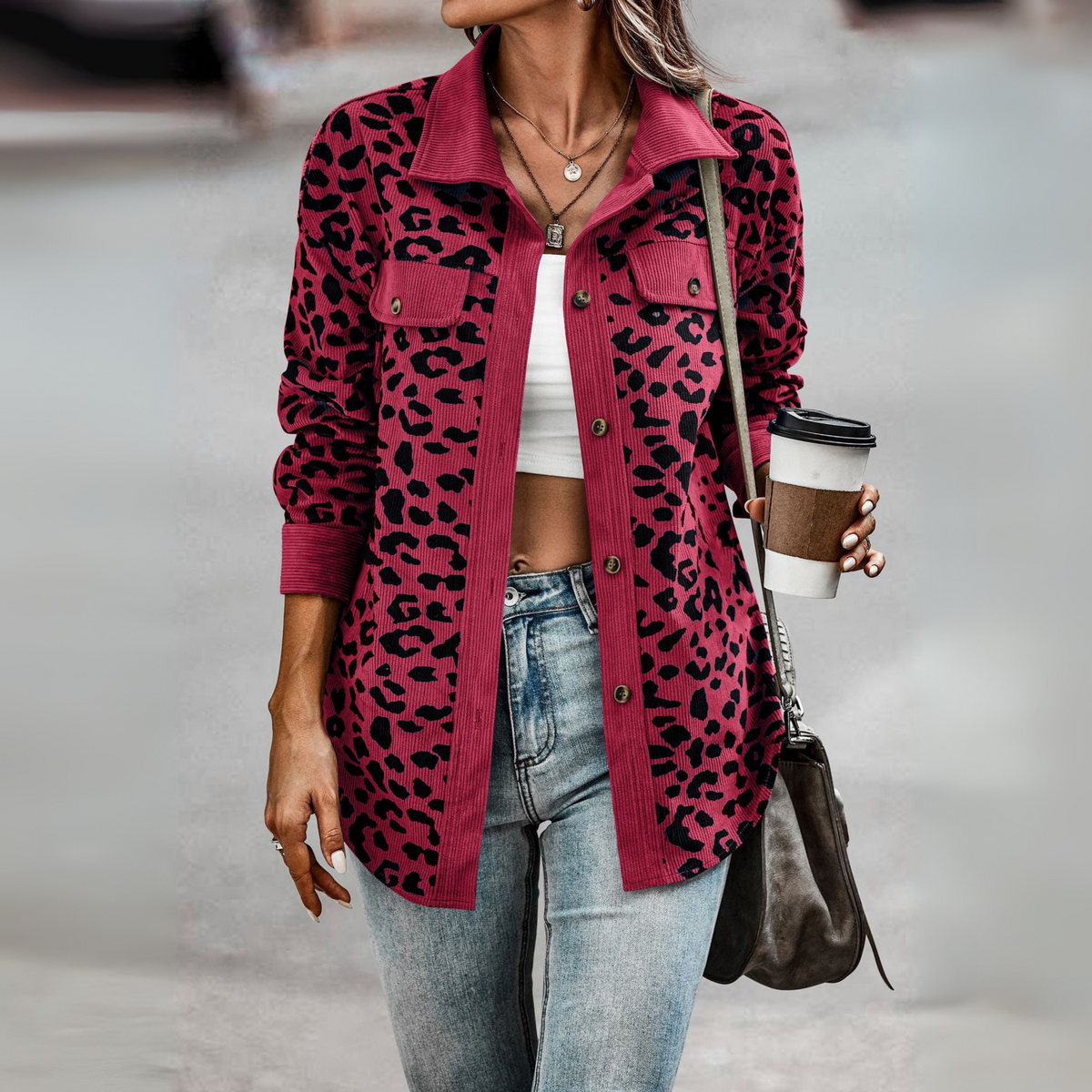 Giacca Camicia Donna Leopardata con Inserti a Coste