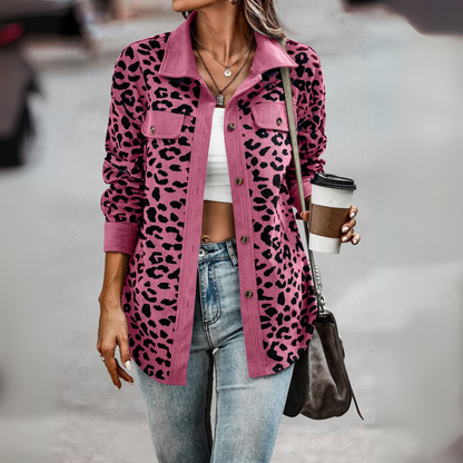 Giacca Camicia Donna Leopardata con Inserti a Coste