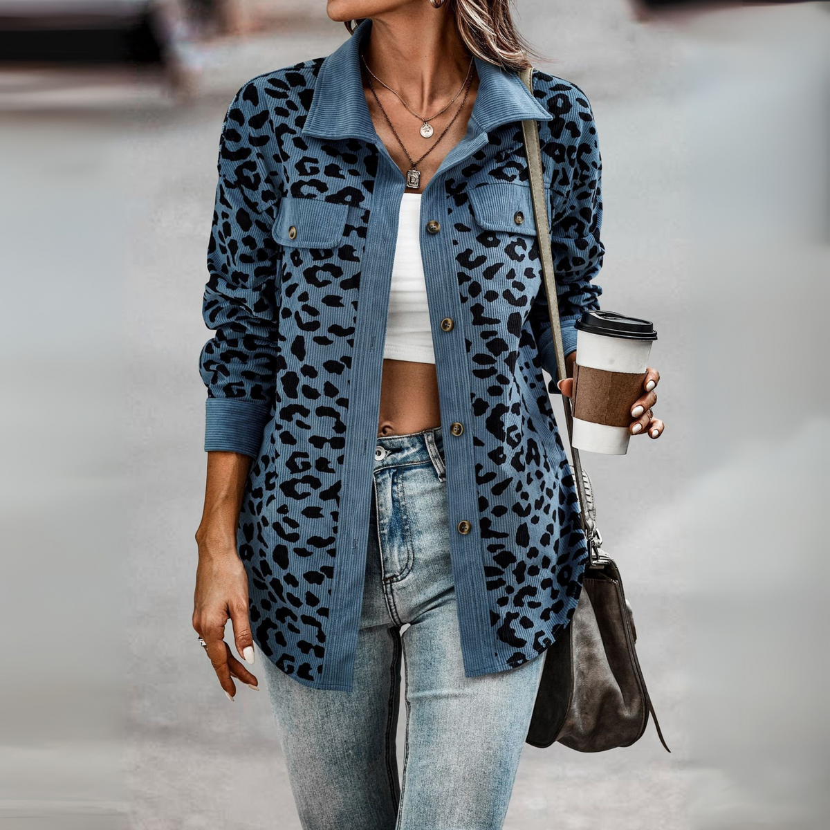 Giacca Camicia Donna Leopardata con Inserti a Coste