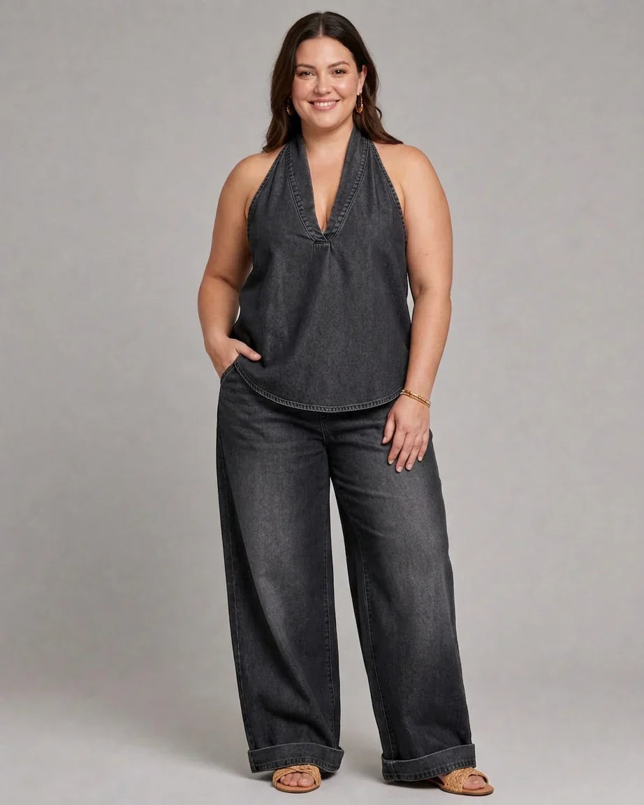 Completo Donna in Jeans Top e Pantaloni Palazzo