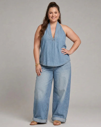 Completo Donna in Jeans Top e Pantaloni Palazzo