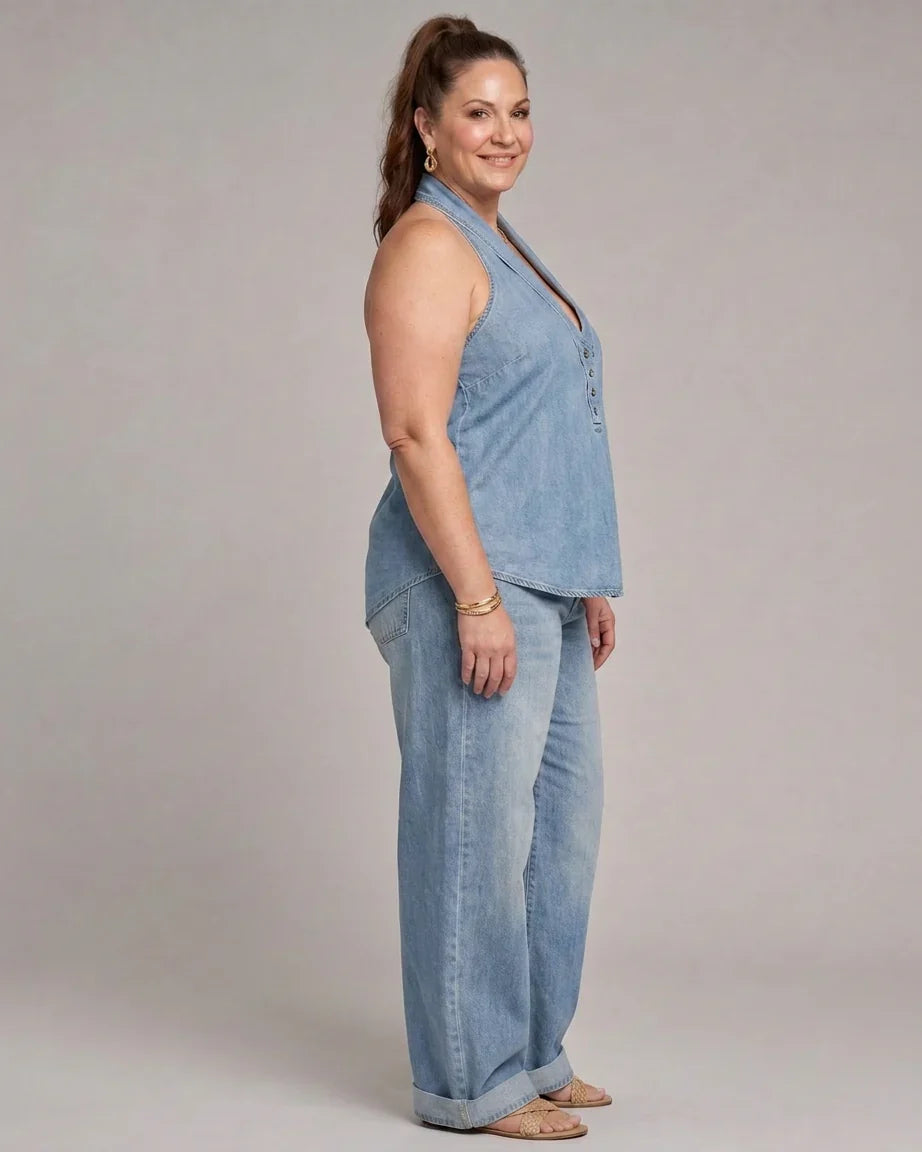 Completo Donna in Jeans Top e Pantaloni Palazzo