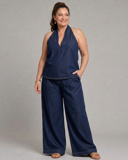Completo Donna in Jeans Top e Pantaloni Palazzo